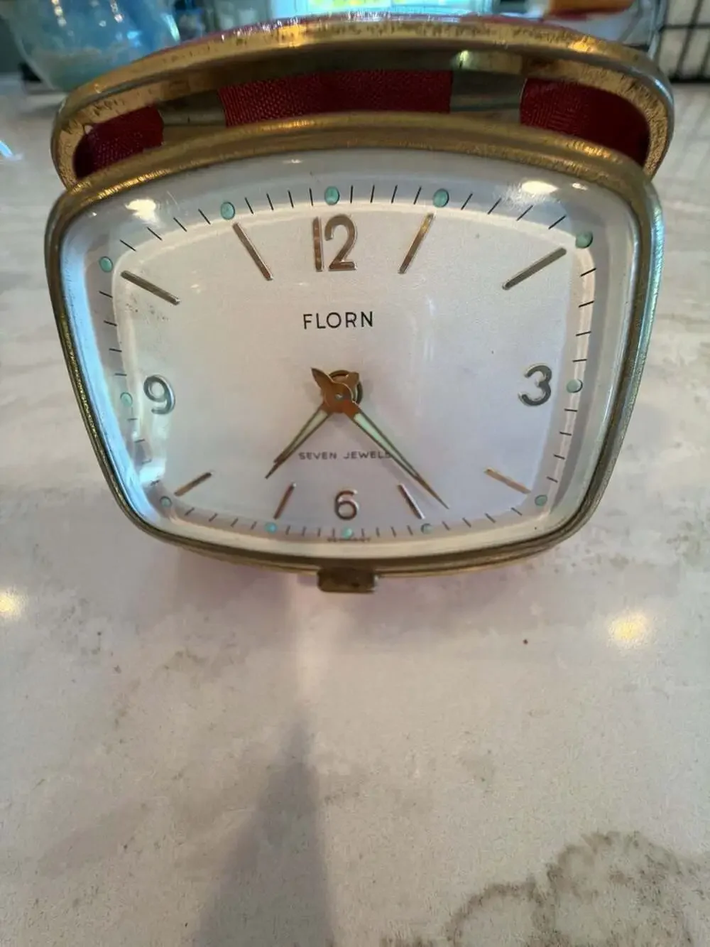 Vintage Florn 7-Jewel Travel Alarm Clock in Red Leather Folding Case